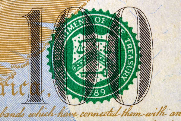 美利坚合众国100美元钞票上100个面额的特写 — 图库照片