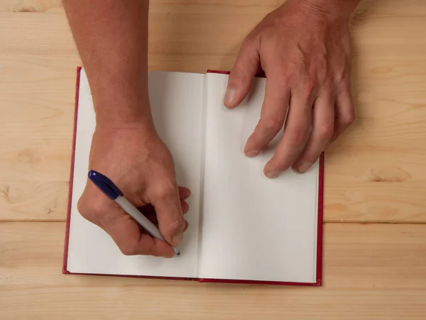 Male Hands Author Who Puts His Autograph Blank Page New — Stock Photo, Image