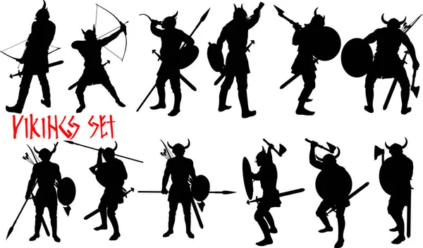 Tucet Siluet Starodávných Vikingských Válečníků Zbraněmi Rohatých Přilbách Různými Pózami — Stockový vektor