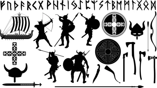 Gran Conjunto Vikingos Con Sus Armas Artículos Relacionados — Archivo Imágenes Vectoriales