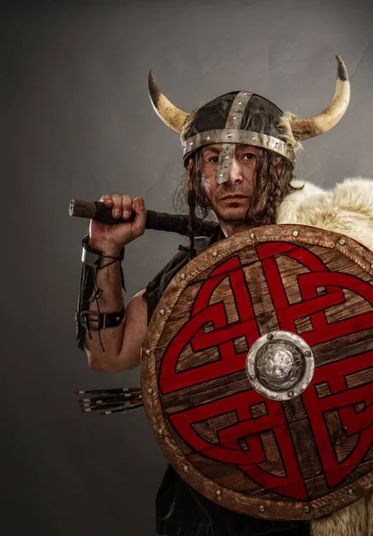 A brave viking warrior man in a horned helmet with an ax and a shield on a dark background