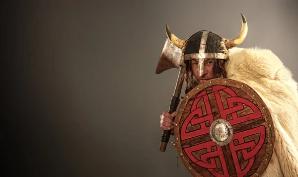 Brave Viking Warrior Man Horned Helmet Shield Dark Background — Stock Photo, Image