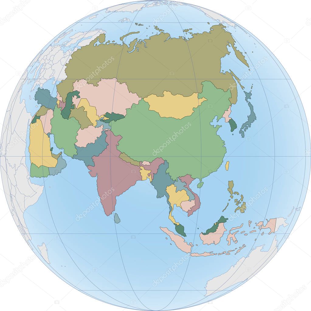 Asia continent is divided by country on the Globe