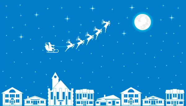 Santa volando en un trineo a través del cielo nocturno sobre la ciudad — Vector de stock