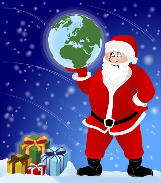 Kerstman met cadeautjes en het vasthouden van de aarde — Stockvector