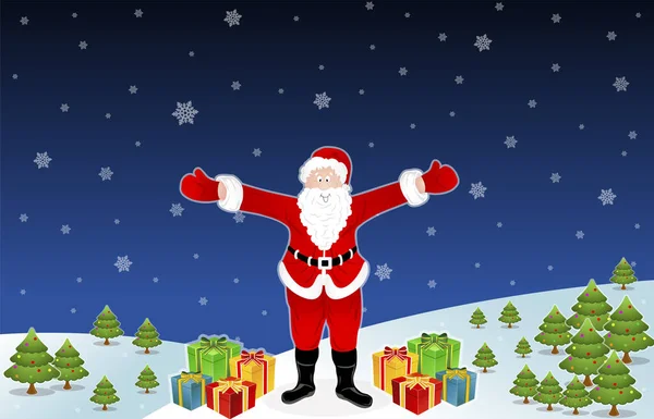 Santa Claus sonriente con regalos de Navidad sobre fondo de nieve — Vector de stock