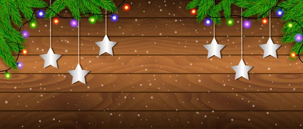 Fondo de madera de Navidad con ramas y adornos — Vector de stock