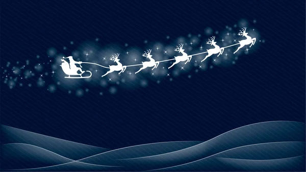 Père Noël volant dans un traîneau à travers le ciel nocturne — Image vectorielle