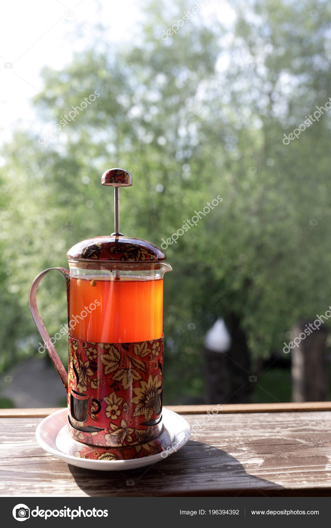 French Press Cowberry Tea Windowsill Cafe Stock Photo