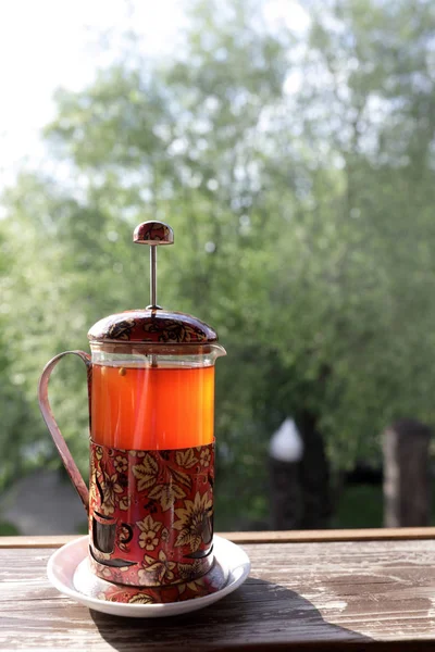 French Press Cowberry Tea Windowsill Cafe — Stock Photo, Image