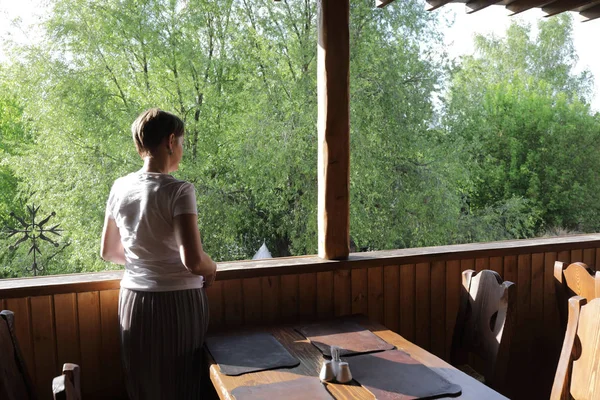 Portrait Woman Terrace Cafe — Stock Photo, Image