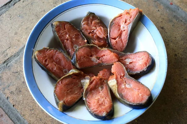 Slices Salted Pink Salmon Plate — Stock Photo, Image