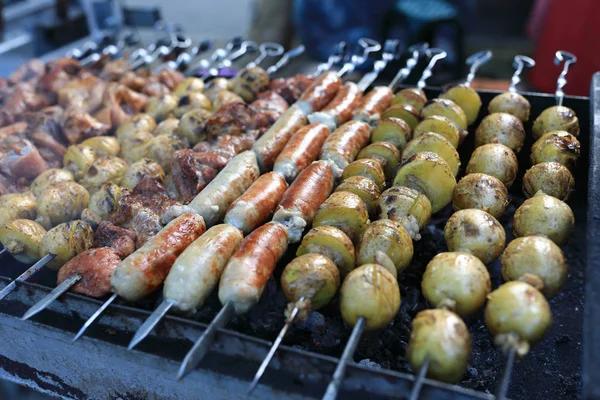 Cooking Various Kebabs Skewers Picnic — Stock Photo, Image
