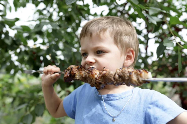 裏庭で串でシシカバブを食べる少年 — ストック写真