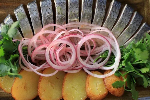 Marinated Herring Potato Onions Plate — Stock Photo, Image