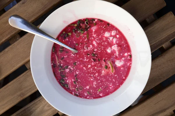 Cold Beet Soup Sour Cream Plate — Stock Photo, Image