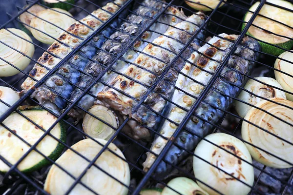 Makrelen Beim Picknick Auf Dem Grill Braten — Stockfoto