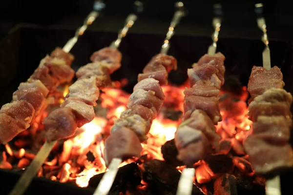 Főzés Sertés Kebabot Nyárson Éjjel — Stock Fotó