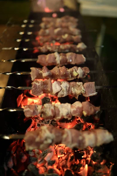 Carne Porco Kebab Fritando Espetos Noite — Fotografia de Stock