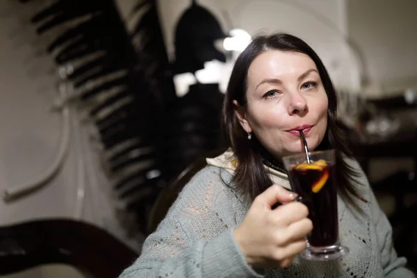 Woman Drinking Mulled Wine Cafe — Stock Photo, Image