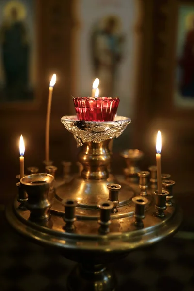 Details Candlestick Burning Candles Orthodox Church — Stock Photo, Image