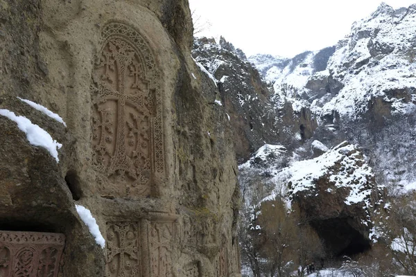 Duvar Geghard Manastırı Kışın Ermenistan Ayrıntılarını — Stok fotoğraf