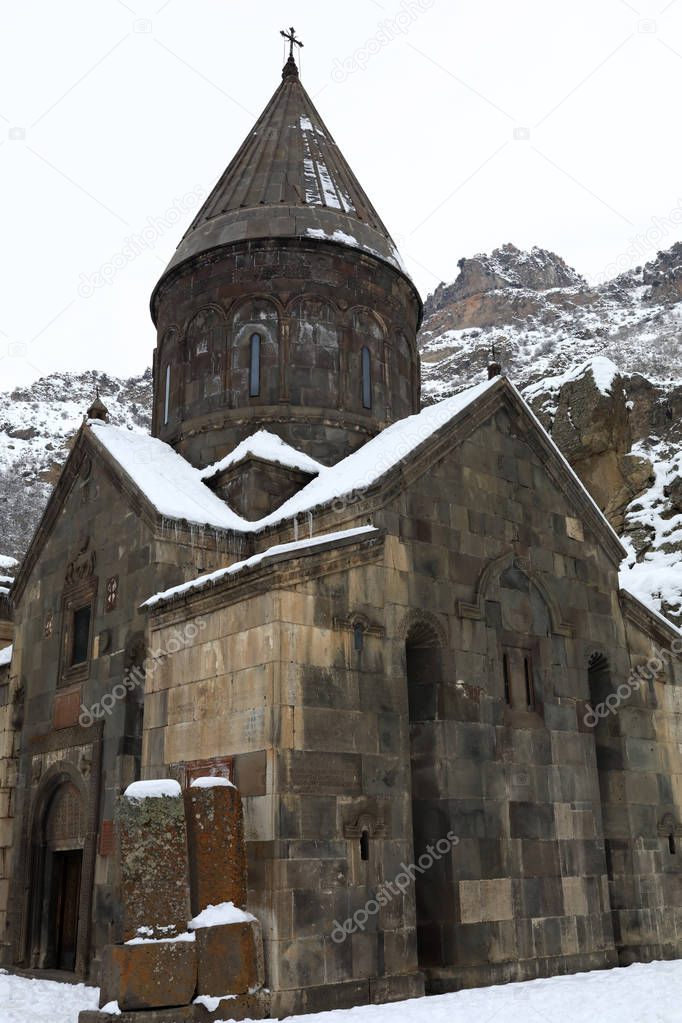 Details of church Geghard monastery in winter, Armenia