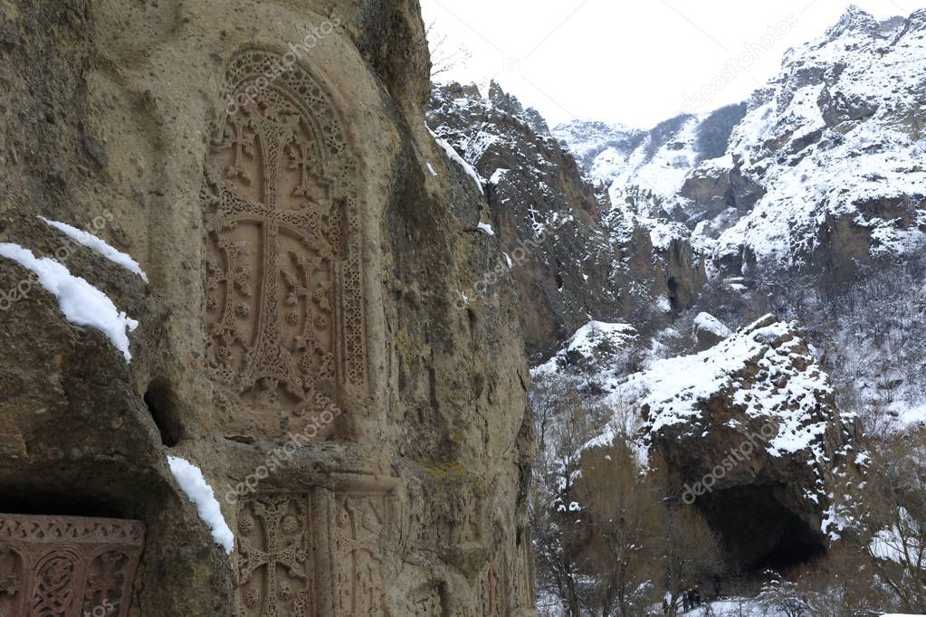 Details of wall Geghard monastery in winter, Armenia