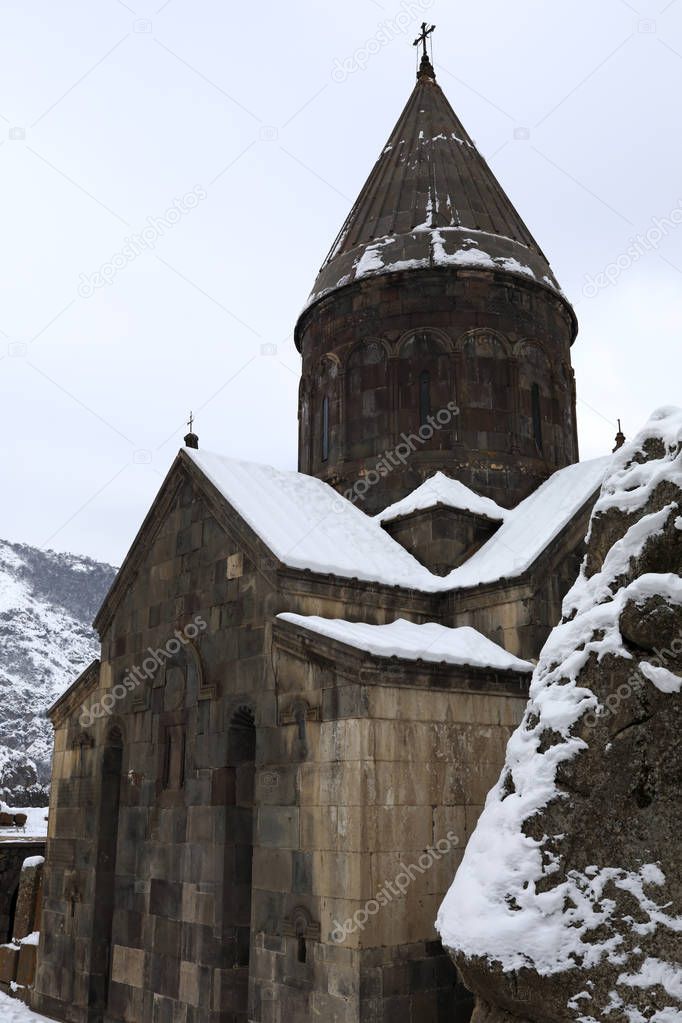 View of church Geghard monastery in winter, Armenia