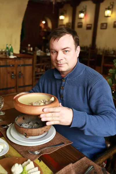 Tourist Holding Bowl Khash Restaurant — Stock Photo, Image