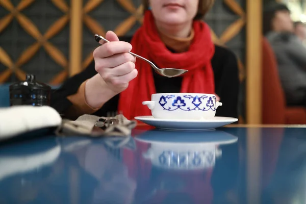 Woman eating soup — Stock Photo, Image