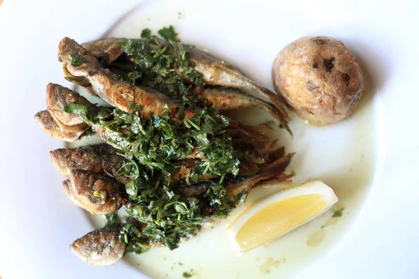 Fried horse mackerel on plate — Stock Photo, Image