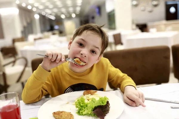 Pojke äter kyckling kotlettet — Stockfoto