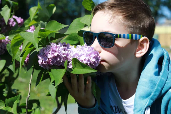 Niño olfateando flores de lila — Foto de Stock