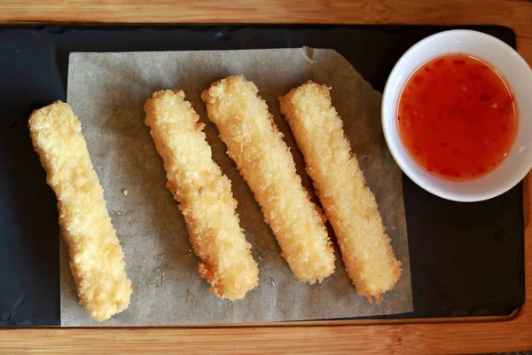 Cheese sticks with chili sauce — Stock Photo, Image