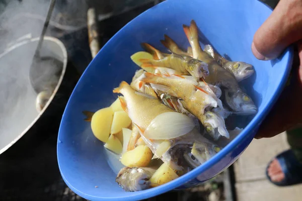 Chief takes fish out of soup — Stock Photo, Image