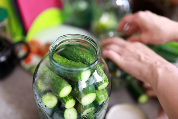 Pickling cucumbers in jar — Stock Photo, Image