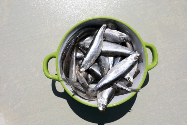 Salted hamsa fish in bowl on table