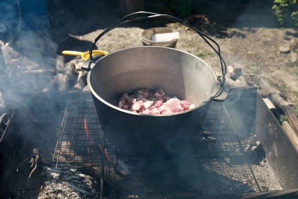 Roasting Pork Cauldron Coals Pilaf — Stock Photo, Image