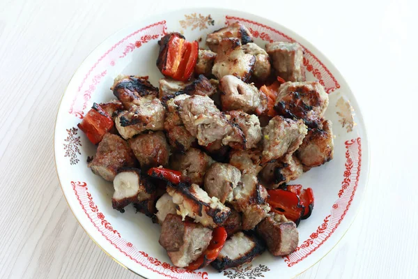 Mięso Kebab Shish Pieprz Talerzu — Zdjęcie stockowe