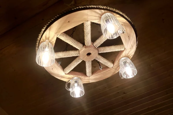 View Wooden Wheel Chandelier Ceiling — Stock Photo, Image