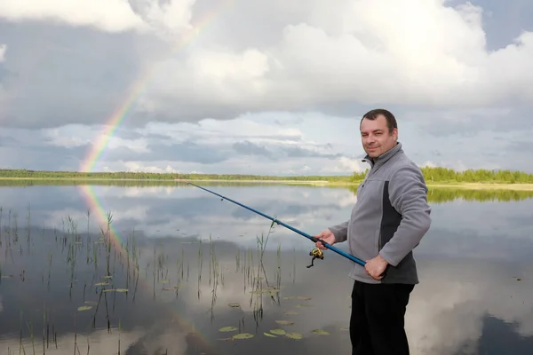Pesca Dell Uomo Lago Seliger Regione Tver Russia — Foto Stock