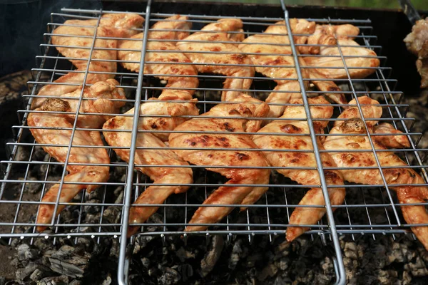 裏庭のグリルで鶏の羽を飛ぶ — ストック写真