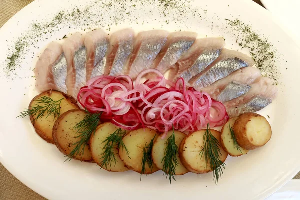 Sliced Herring Potatoes Onions Plate — Stock Photo, Image