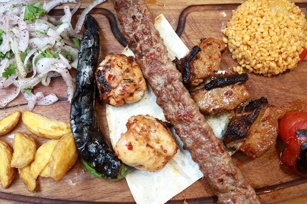 Various Kebabs Wooden Board Turkish Restaurant — Stock Photo, Image