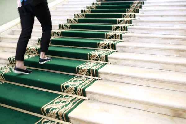 Mulher Subindo Escadas Alcatifadas Palácio — Fotografia de Stock