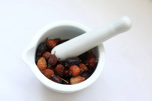 Kitchen Mortar Dried Rose Hips Table — Stock Photo, Image