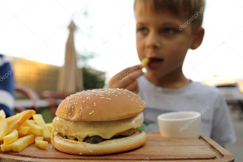 Boy eating fries and burger in restaurant