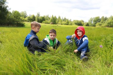 Yazın çimenlerde dinlenen üç çocuk.