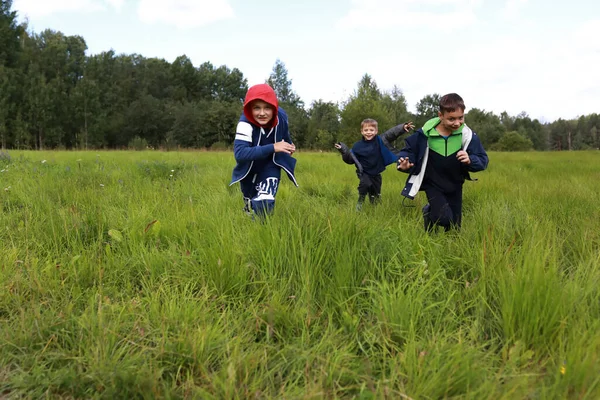 Tre Bambini Che Attraversano Campo Estate — Foto Stock